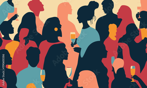 Vibrant Party Crowd Silhouettes with Drinks in Hand Celebrating Together