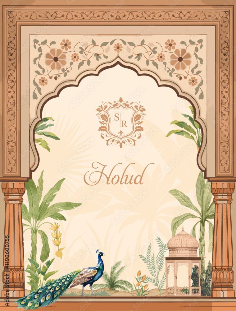 Traditional Mughal wedding invitation card design. Traditional wedding invitation card design.
