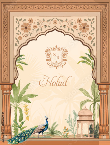 Traditional Mughal wedding invitation card design. Traditional wedding invitation card design.