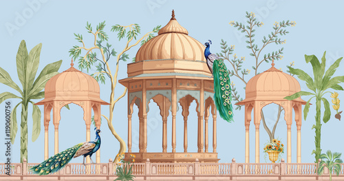 Mughal garden arch, lake, peacock, water lily, illustration. Mughal garden with swans water lilies in a lake. photo