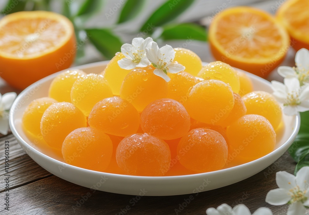 Fresh and Vibrant Orange Jelly Spheres with Blossom, Showcasing a Delicious and Colorful Dessert Arrangement Surrounded by Orange Slices and Green Leaves Fresh and Vibrant Orange Jelly Spheres with Blossom, Showcasing a Delicious and Colorful Dessert Arrangement Surrounded by Orange Slices and Green Leaves