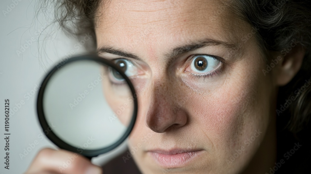 Intense Focus and Curiosity: A Woman Examining an Object Through a Magnifying Glass, Capturing the Essence of Observation and Discovery in Everyday Life Intense Focus and Curiosity: A Woman Examining an Object Through a Magnifying Glass, Capturing the Essence of Observation and Discovery in Everyday Life