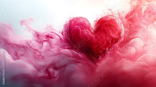 Artistic blend of swirling pink and red colors forming abstract heart shapes over a clean white background evoking a valentines celebration mood