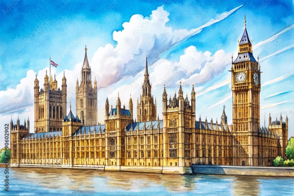 Fototapeta premium Hand-Drawn Sketch of London's Palace of Westminster: Iconic Landmark Illustration