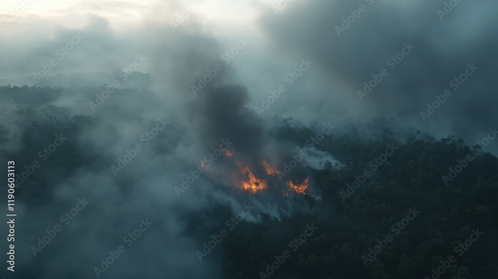 Aerial view of massive wildfire engulfing forest, with thick smoke and flames visible. scene captures intensity and destruction of fire in natural landscape Aerial view of massive wildfire engulfing forest, with thick smoke and flames visible. scene captures intensity and destruction of fire in natural landscape