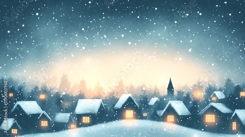 Snowfall over minimalist silhouette of a snowy village with glowing windows and a soft gradient background transitioning from white to pale blue