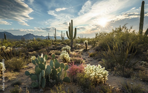 A desert scene featuring a variety of cacti, including saguaros, chollas, and ocotillos, under a blazing sun photo