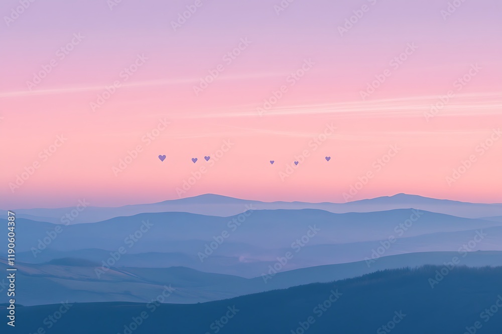 Serene Pastel Sunset Landscape with Floating Hearts Serene Pastel Sunset Landscape with Floating Hearts
