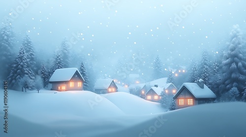 Snowfall over minimalist silhouette of a snowy village with glowing windows and a soft gradient background transitioning from white to pale blue
