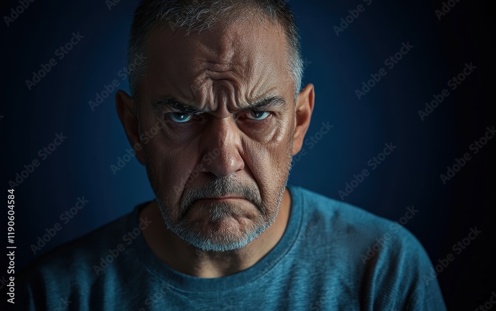 A frustrated middle-aged man with furrowed brows on a dark blue background A frustrated middle-aged man with furrowed brows on a dark blue background
