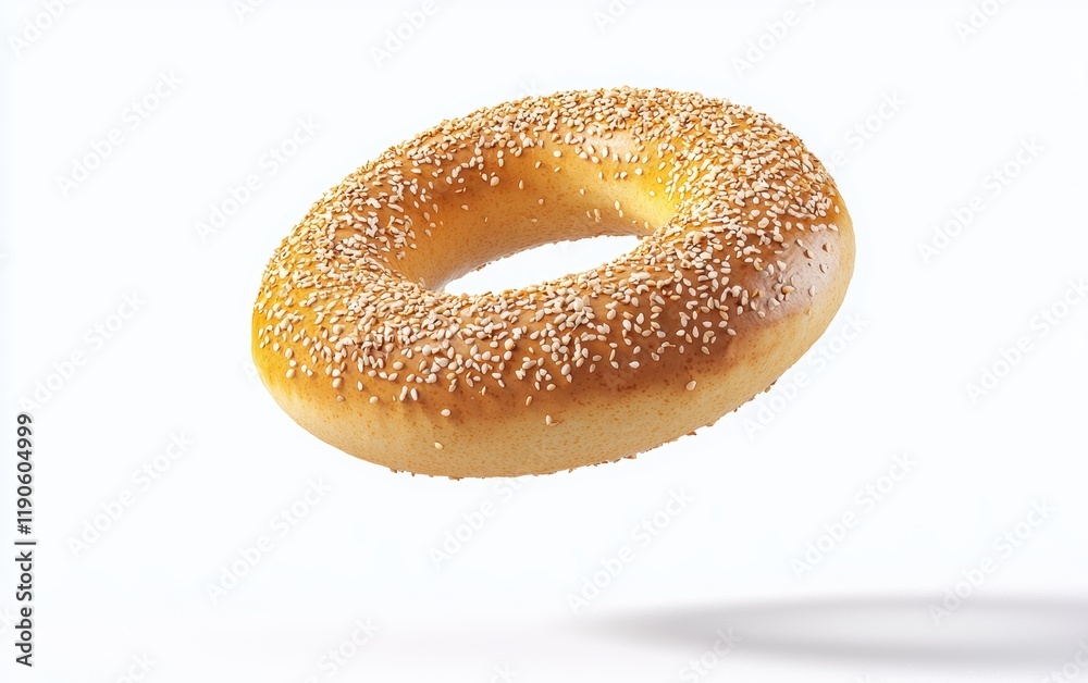 A flying bagel with a golden crust and sesame seeds, hovering perfectly centered on a clean white background A flying bagel with a golden crust and sesame seeds, hovering perfectly centered on a clean white background