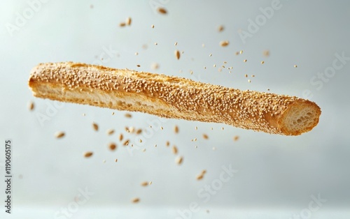 A flying breadstick with sesame seeds, hovering horizontally on a bright white backdrop