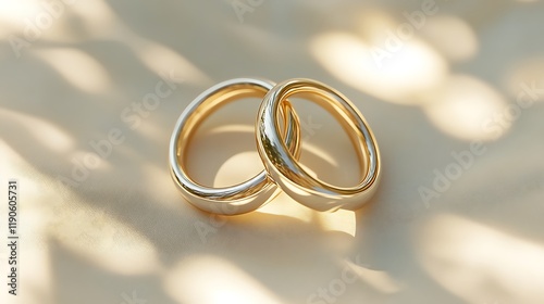 Two interlocking wedding rings soft light reflections placed on a cream gradient background symbolizing eternal love and unity perfect for a wedding celebration theme