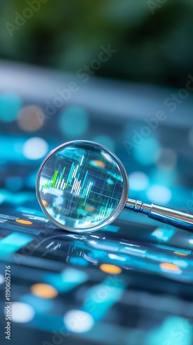 Magnifying glass over digital data analysis.