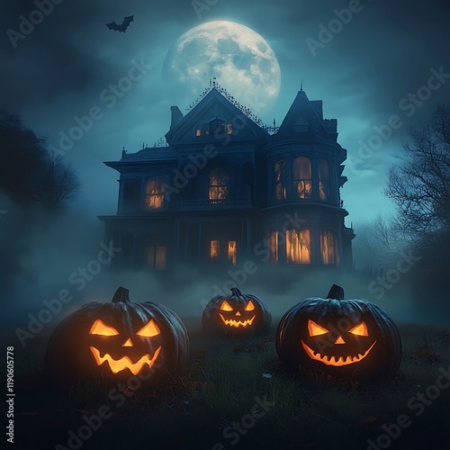 Haunted Victorian Mansion: Glowing Jack-o'-lanterns under a Mystic Moon photo