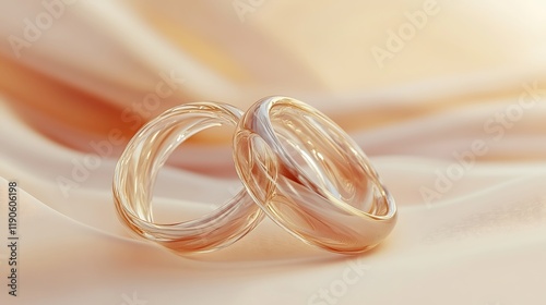 Two interlocking wedding rings soft light reflections placed on a cream gradient background symbolizing eternal love and unity perfect for a wedding celebration theme