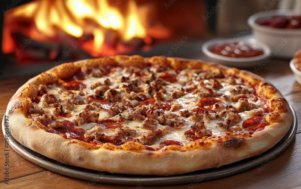 A freshly baked pizza served in a brick oven setting with flames glowing in the background A freshly baked pizza served in a brick oven setting with flames glowing in the background