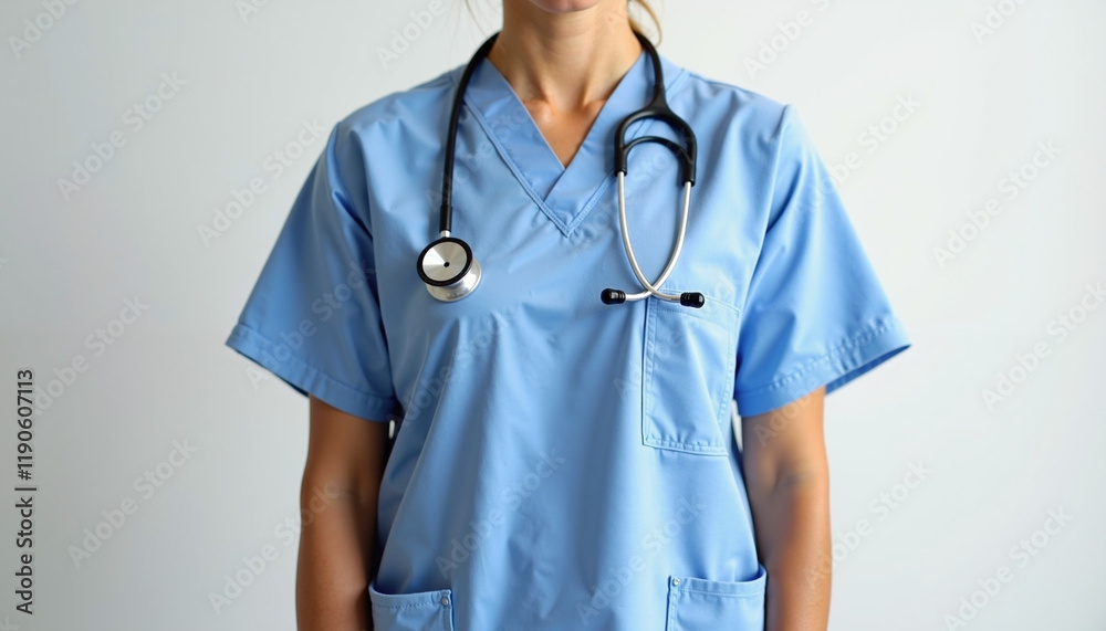 close-up of nurse wearing medical scrubs and stethoscope. close-up of nurse wearing medical scrubs and stethoscope.