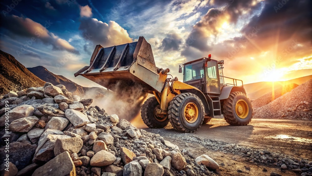 Obraz premium Heavy Equipment Operating: Wheel Loader Unloading Rocks at Construction Site