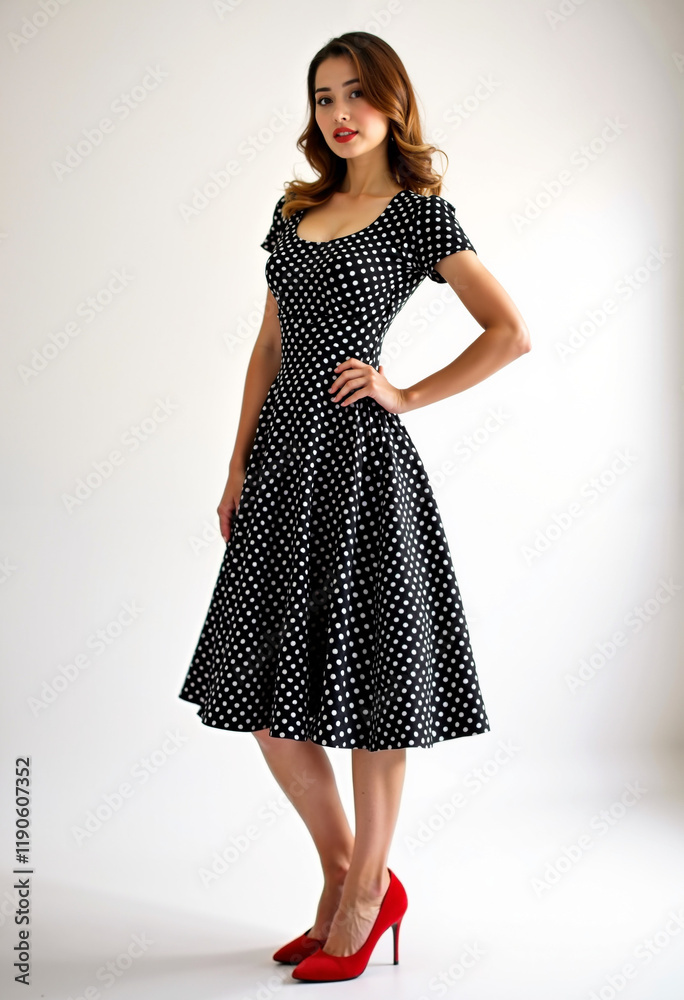 Fototapeta premium Woman in black vintage polka dot dress and red heels posing.