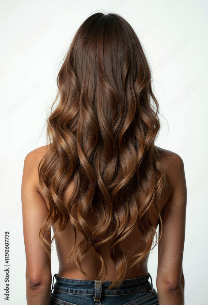 Fototapeta premium person with long wavy brunette hair with soft curls, back view