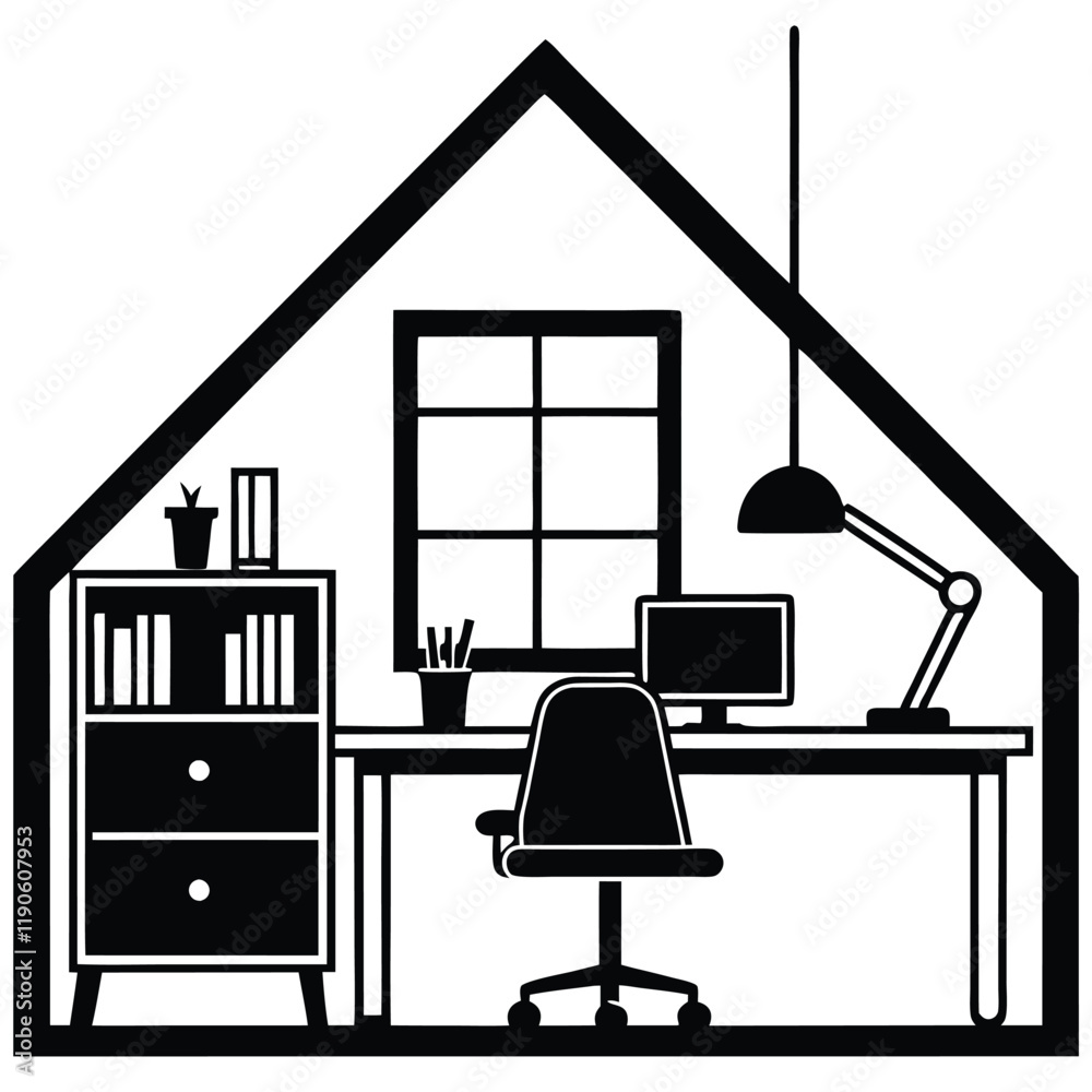 Fototapeta premium Modern Home Office with Ample Lighting and Elegant Silhouette desk 