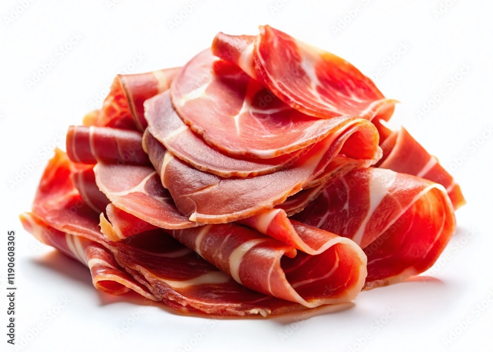 High-Resolution Photo: Sliced Jamon, Isolated on White Background High-Resolution Photo: Sliced Jamon, Isolated on White Background