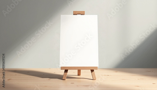 Blank canvas on wooden easel against minimalist background