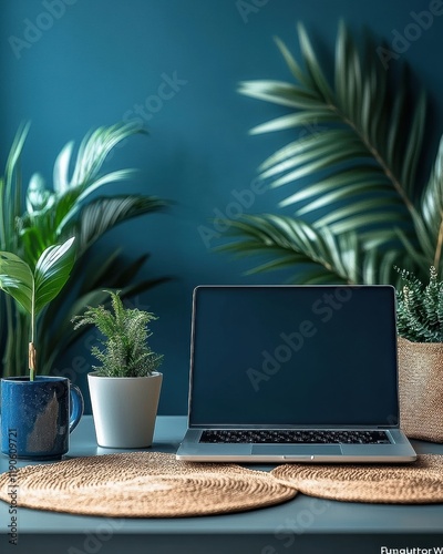 [Home Office flexibility telecommuting setup] Cozy Modern Home Office Setup with Laptop Desk Plants photo