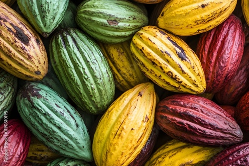 Colorful cacao fruits arranged in a pattern, showcasing the rich colors and textures of different types of cocoa pods for commercial photography or product display