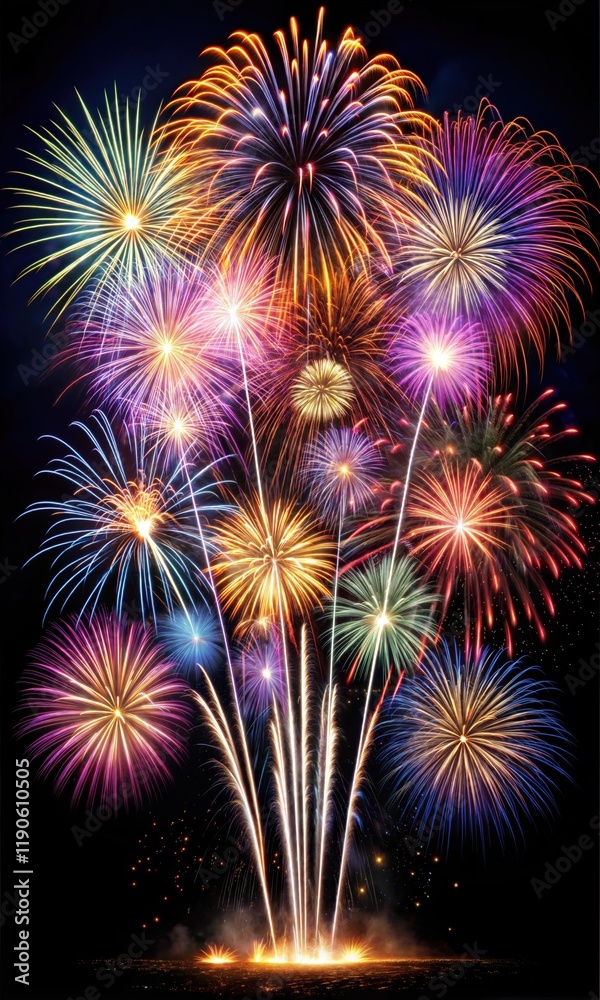 Fototapeta premium Spectacular Fireworks Display Graphic Design Resource – Vibrant Explosions and Colorful Pyrotechnics for Celebrations and Events