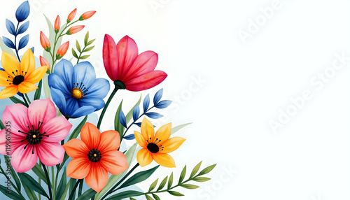 Bright Watercolor Corner Floral Bouquet with Copy Space