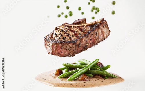 A juicy porterhouse steak levitating mid-air with a creamy peppercorn sauce and sautÃ?ed green beans on a bright white background