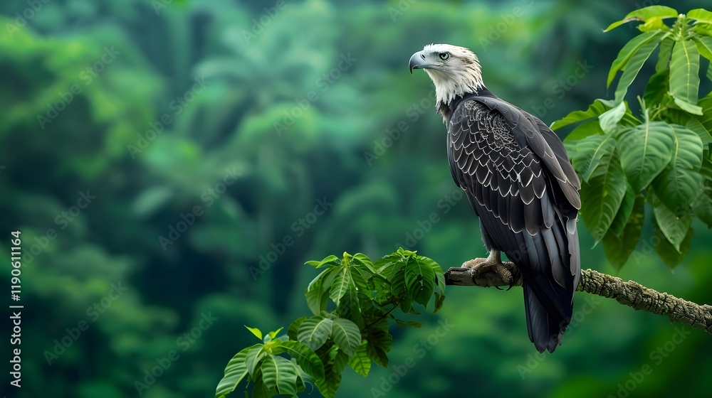 A striking close-up of a dark-colored eagle perched on a branch amidst a vibrant green rainforest. A striking close-up of a dark-colored eagle perched on a branch amidst a vibrant green rainforest.