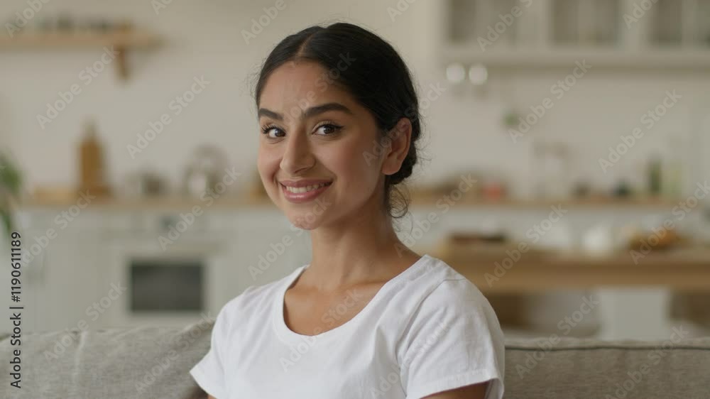 Portrait at own apartment rent tenant indoors homeowner Indian woman Arabian female ethnic girl at home relax Hindu lady smiling looking at camera healthy medicine loan mortgage credit bank client Portrait at own apartment rent tenant indoors homeowner Indian woman Arabian female ethnic girl at home relax Hindu lady smiling looking at camera healthy medicine loan mortgage credit bank client