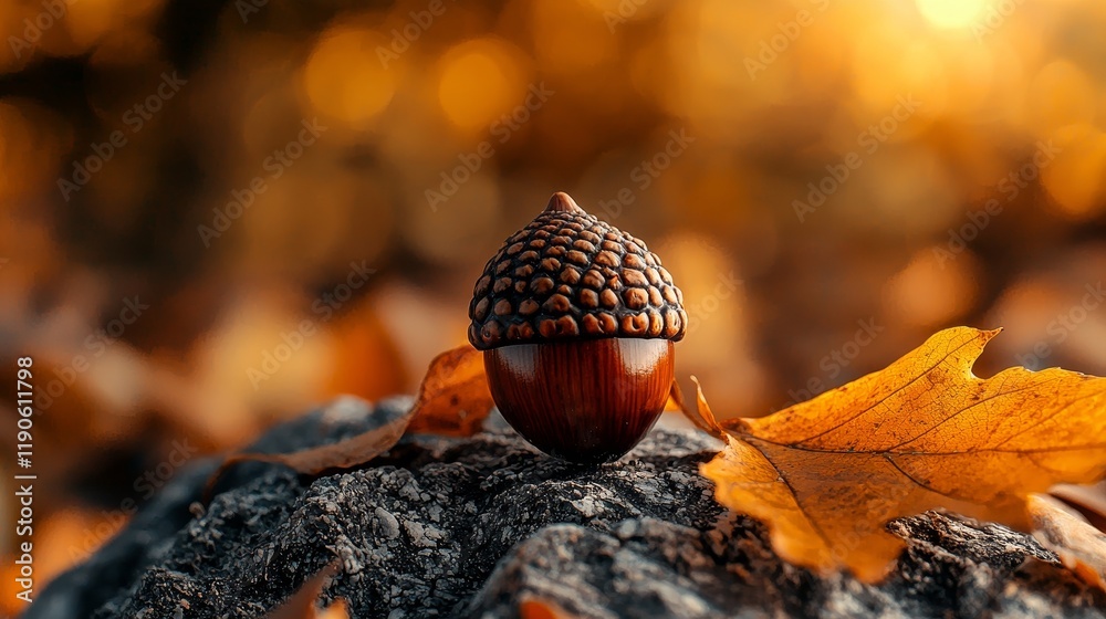 Fototapeta premium Focused view of an acorn nestled on a rock, earthy tones, detailed cap texture, and rich autumn colors in a tranquil nature scene