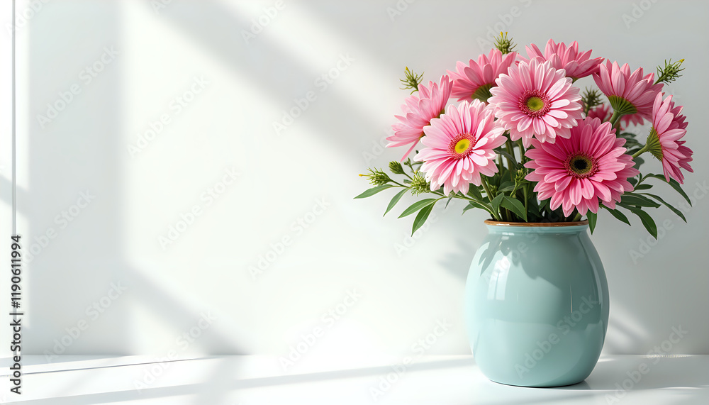 custom made wallpaper toronto digitalSerene Pink Gerbera Daisies in Teal Vase with Natural Window Light