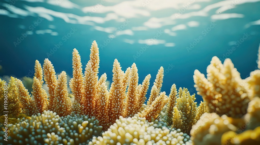Fototapeta premium A vibrant coral reef thriving under clear blue ocean water, teeming with colorful marine life. The pristine water highlights the importance of clean oceans for sustaining life.