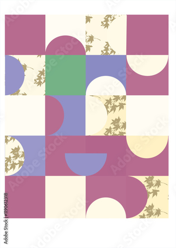 Geometric Abstract Pattern with Semi-Circles and Leaf Texture. Modern Background.