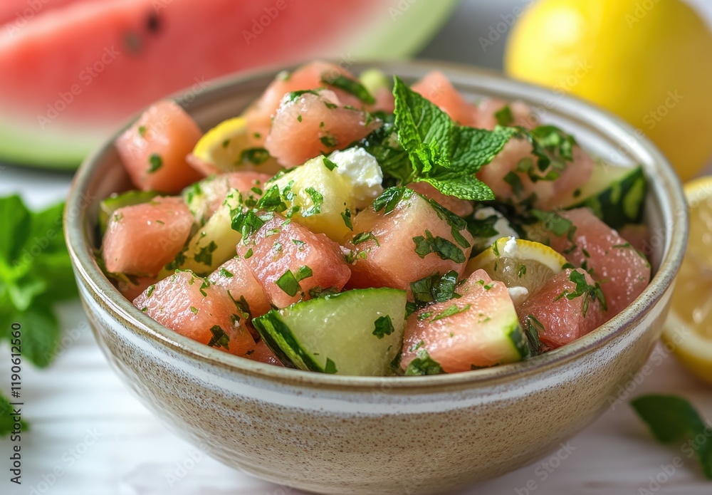 Refreshing Watermelon Salad with Mint, Cucumber, and Lemon for a Healthy Summer Dish, Ideal for Parties, Picnics, and Cool Gatherings Refreshing Watermelon Salad with Mint, Cucumber, and Lemon for a Healthy Summer Dish, Ideal for Parties, Picnics, and Cool Gatherings
