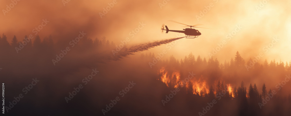 Fototapeta premium Helicopter flying over forest fire, targeting flames with water drops. scene captures urgency and intensity of firefighting efforts in smoky environment