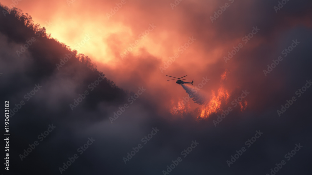 Fototapeta premium helicopter drops water over wildfire engulfing mountain, creating dramatic scene of smoke and flames. intense colors evoke urgency and danger