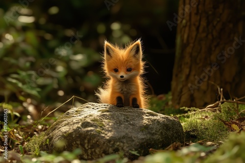 A cute little fox with hair like a dragon's scales is standing very close to a stone in the forest photo