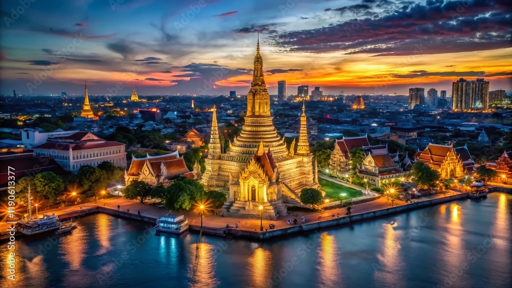 Obraz premium Illuminated Wat Arun Temple Bangkok Night Aerial View