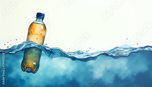 Sinking Plastic Bottle in Clear Water with Environmental Message