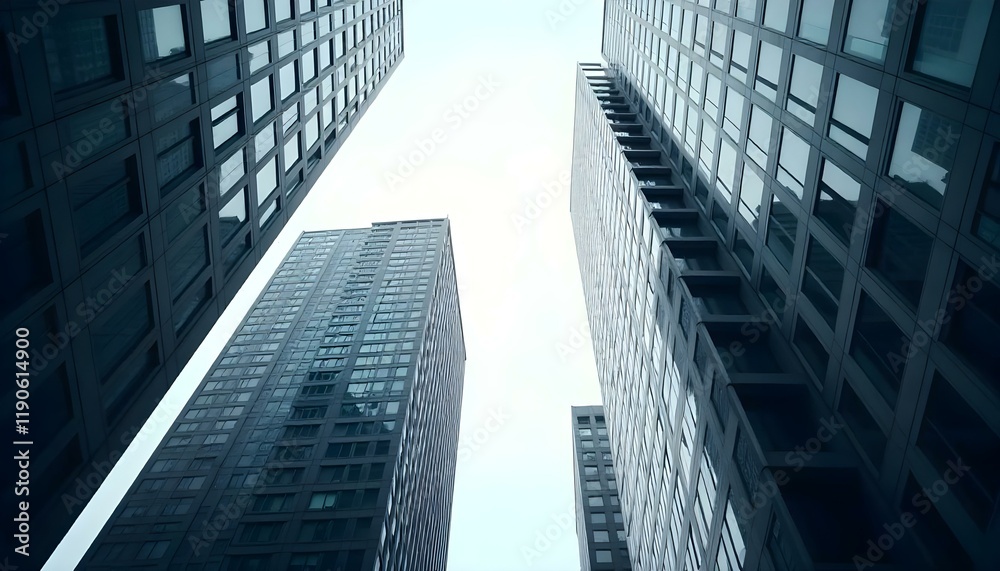 A cluster of towering skyscrapers in a modern city looking upwards A cluster of towering skyscrapers in a modern city looking upwards