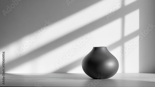 [Minimalist still life photography with reflective surface] Minimalist Still Life with Black Vase and Natural Light Casts Shadows on Gray Background