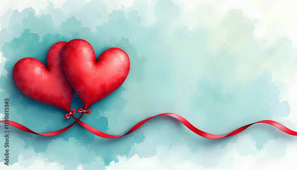 custom made wallpaper toronto digitalTwin Red Heart Balloons with Ribbon against Teal Watercolor Background