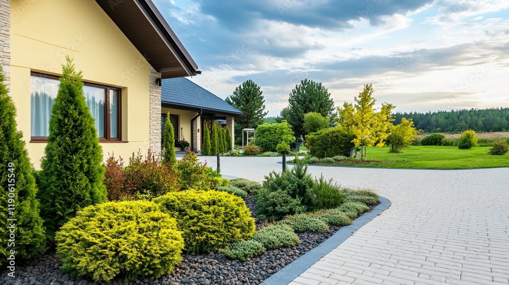 Obraz premium Senior care facility exterior with well-maintained garden and welcoming entrance. Emphasizing comfort and dignity in elderly living environments.