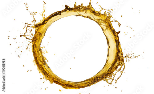 A circular splash of golden liquid, with an inner circle and outer ring.